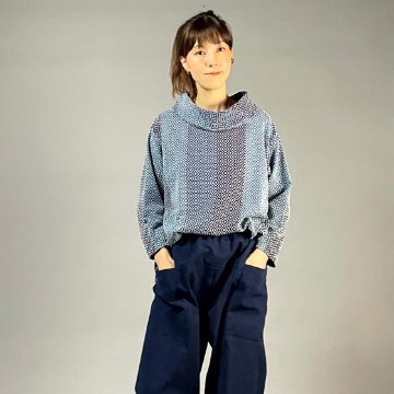 【遠州木綿】オフタートルプルオーバー　刺し子織り：柿の花 / カツオ縞　　の画像