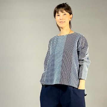 【遠州木綿】ノーカラープルオーバー　藍染 刺し子織：柿の花 / カツオ縞の画像
