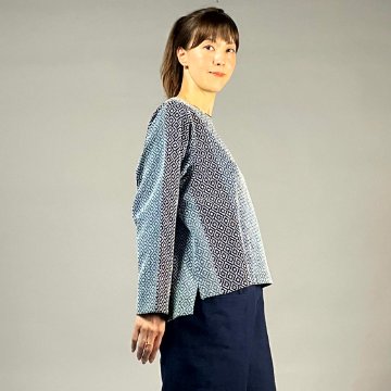 【遠州木綿】ノーカラープルオーバー　藍染 刺し子織：柿の花 / カツオ縞の画像