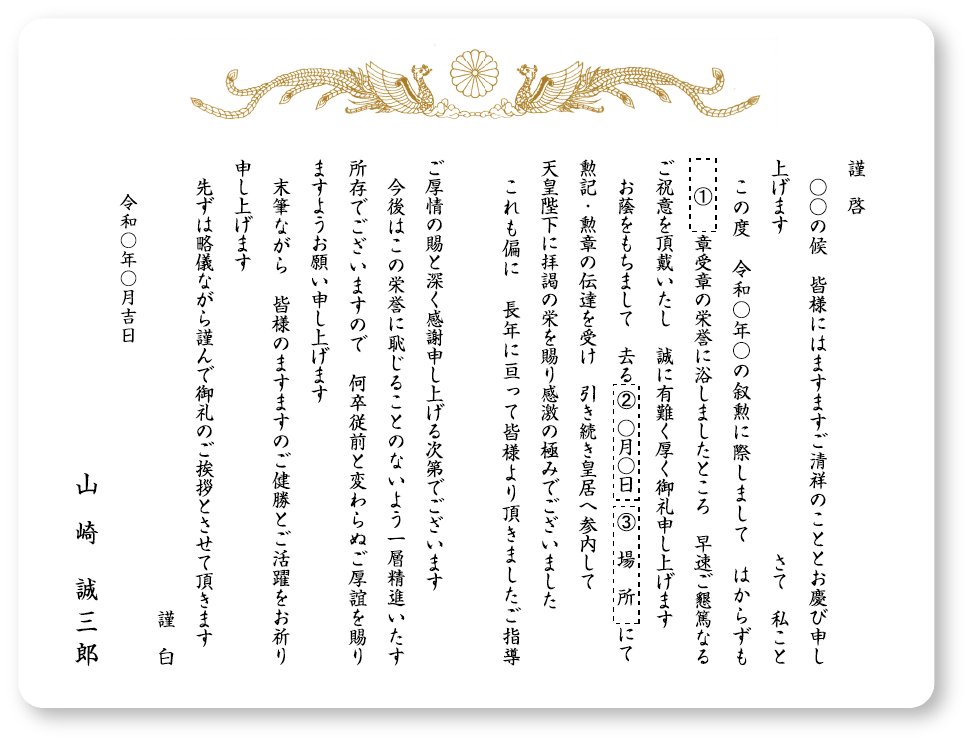 叙位挨拶状　二ツ折りカード（菊紋シール・封筒差出人印字・印刷一式）の画像