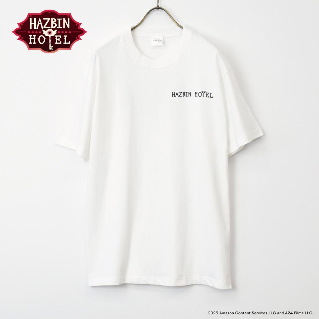 Hazbin Hotel ハズビン・ホテル ロゴ半袖Tシャツ 白 裏面タイトルロゴ有りの画像