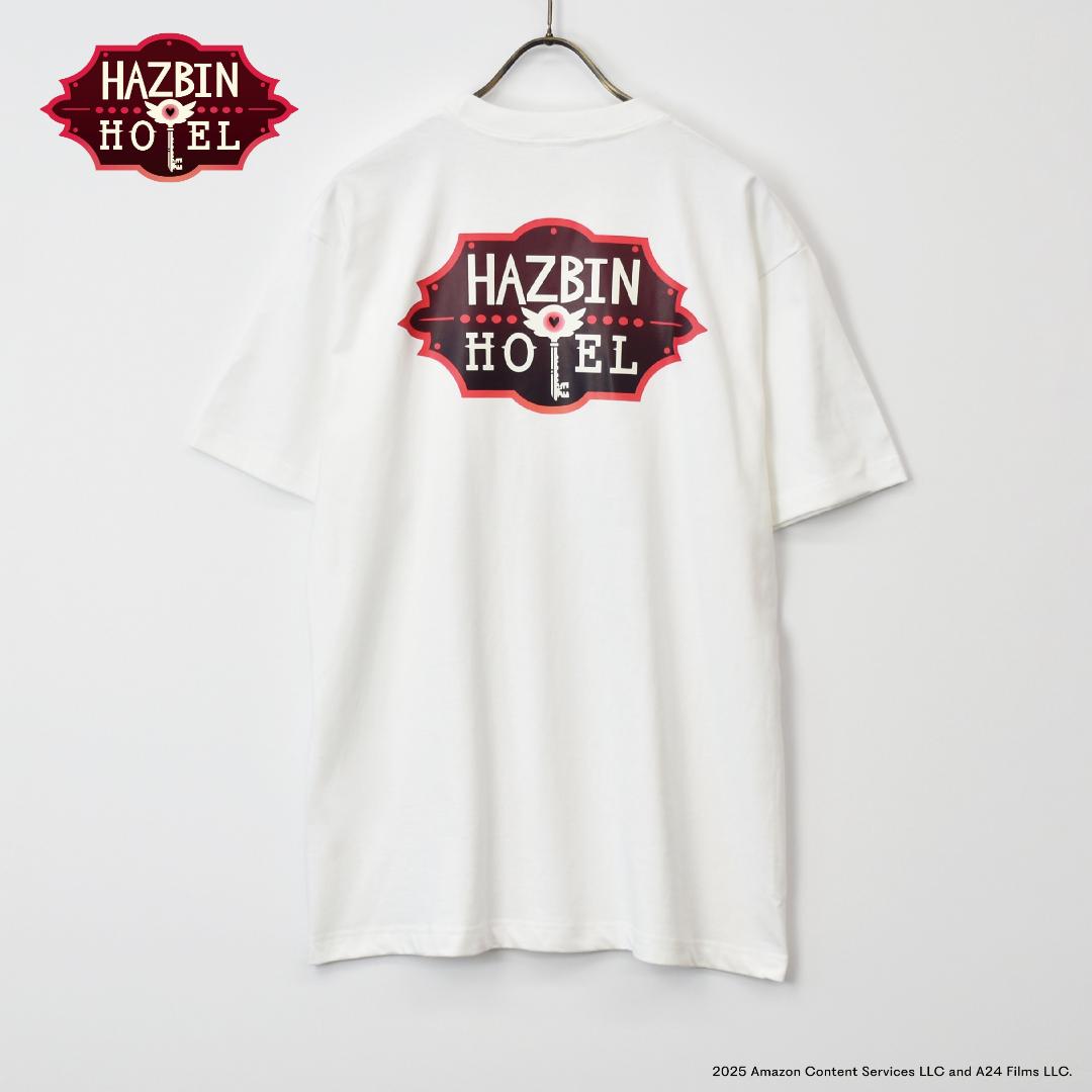 ハズビンホテル  シーズン１ ロゴ半袖Tシャツ 白 裏面タイトルロゴ有りの画像