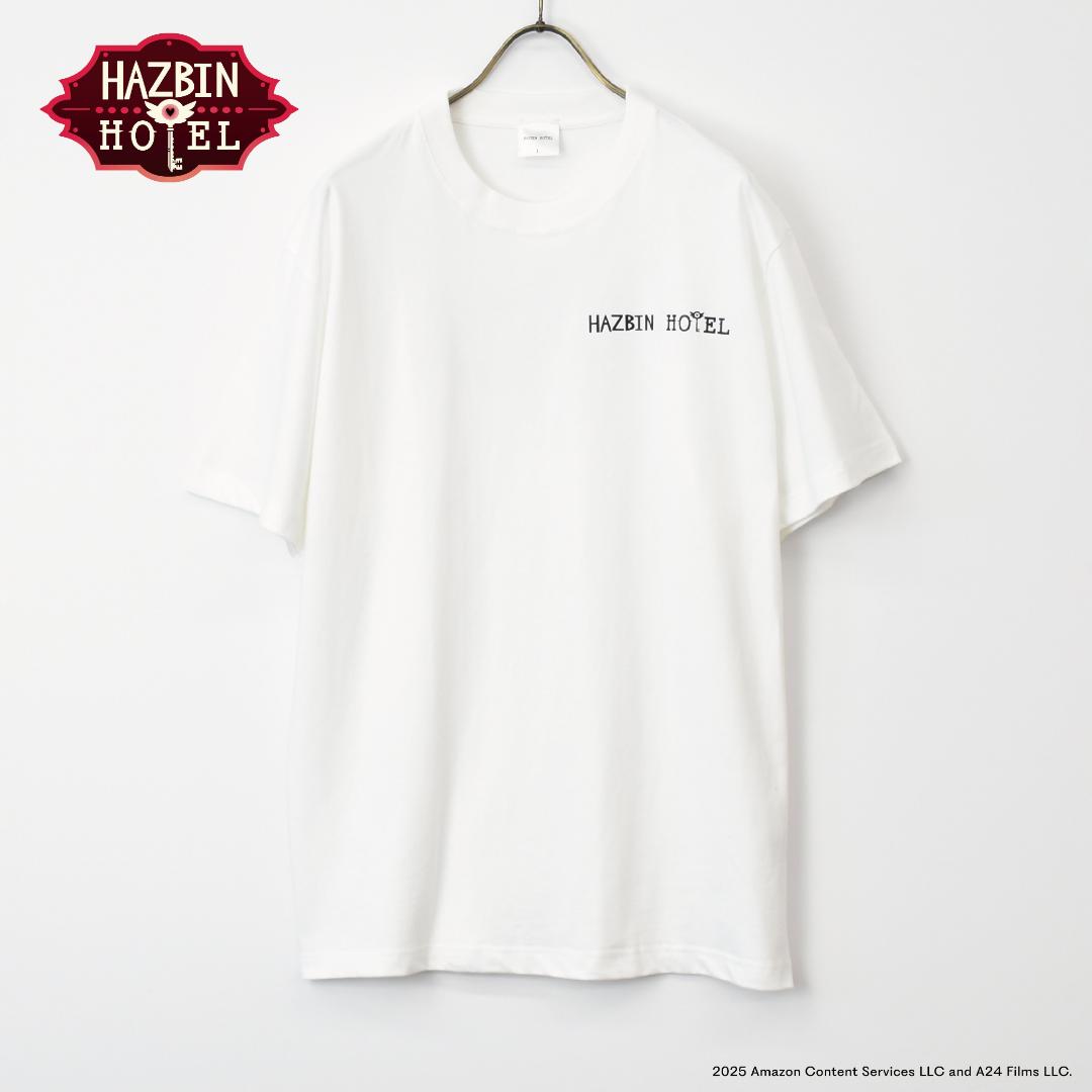 ハズビンホテル  シーズン１ ロゴ半袖Tシャツ 白 裏面タイトルロゴ有りの画像