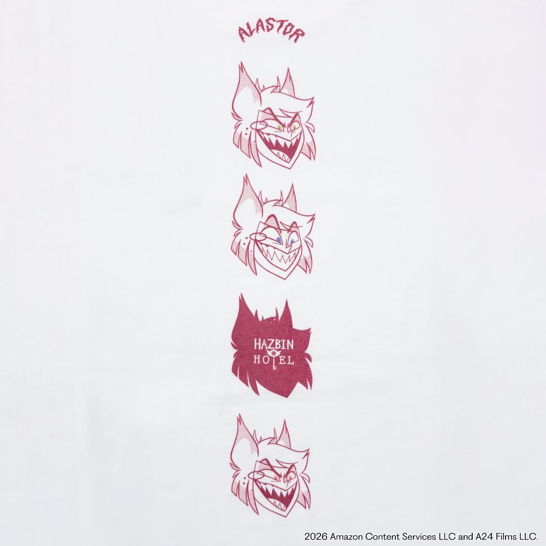 Hazbin Hotel ハズビンホテル シーズン２ アラスター 杖アイコン 半袖Tシャツ 裏面アラスターフェイス4連プリント有りの画像