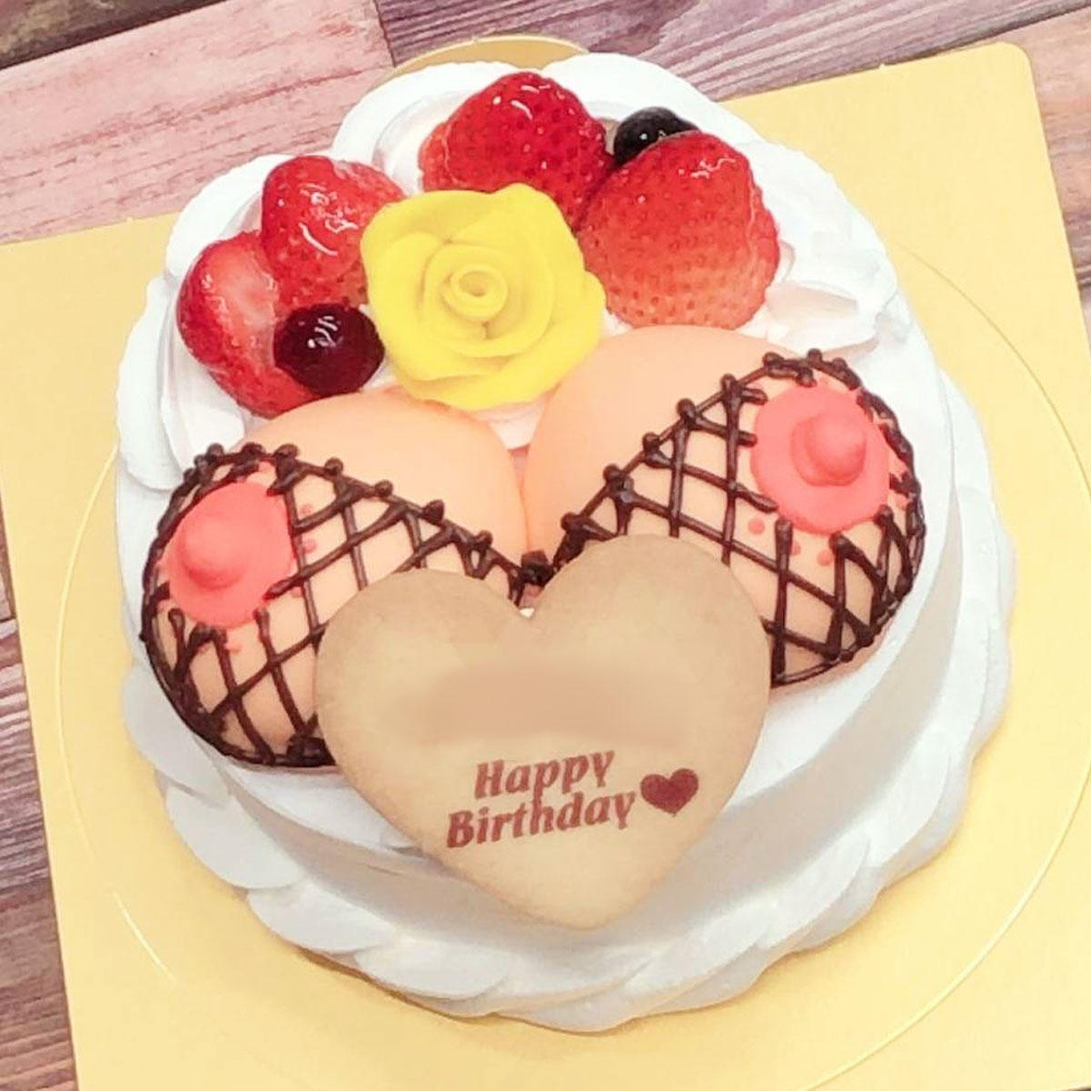 ジョークケーキ/おっぱいケーキ・あみあみブラ・黄色薔薇付き｜夜の